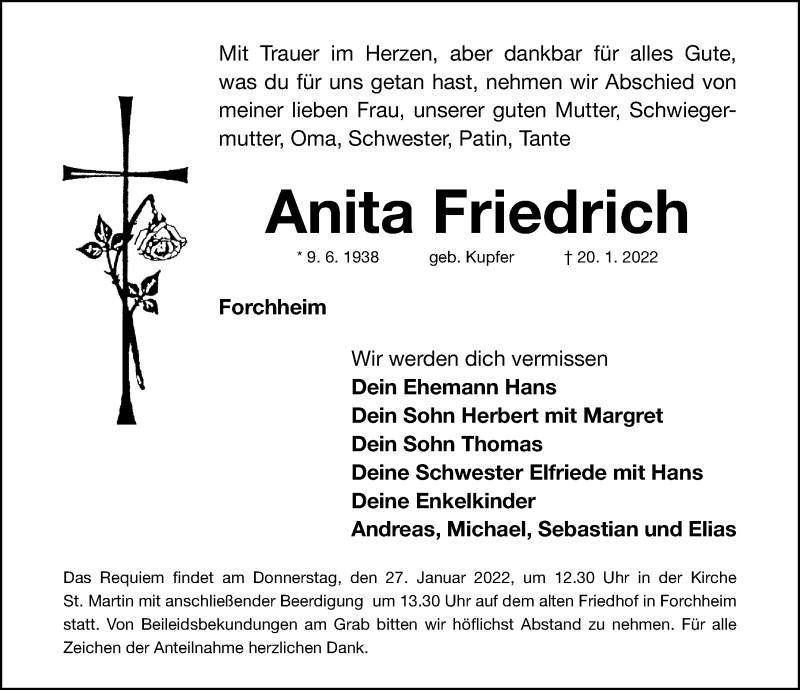  Traueranzeige für Anita Friedrich vom 25.01.2022 aus Nordbayerische Nachrichten Forchheim Lokal