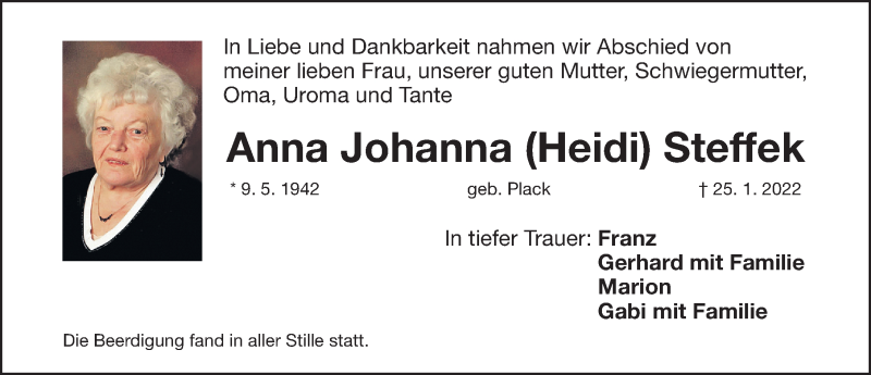  Traueranzeige für Anna Johanna Steffek vom 29.01.2022 aus Fürther Nachrichten Lokal