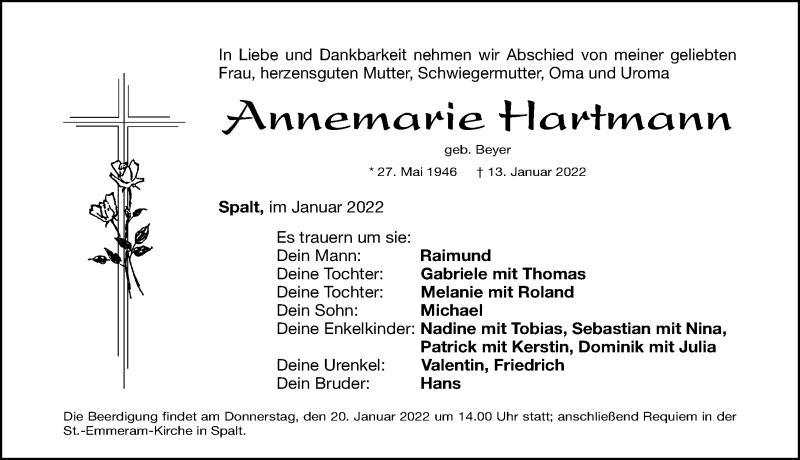  Traueranzeige für Annemarie Hartmann vom 18.01.2022 aus Roth-Hilpoltsteiner Volkszeitung Lokal