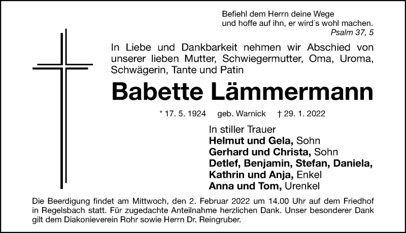  Traueranzeige für Babette Lämmermann vom 31.01.2022 aus Schwabacher Tagblatt Lokal