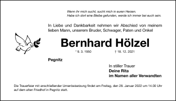 Traueranzeige von Bernhard Hölzel von Nordbayerische Nachrichten Pegnitz Lokal