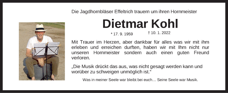  Traueranzeige für Dietmar Kohl vom 29.01.2022 aus Nordbayerische Nachrichten Forchheim Lokal