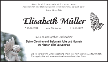 Traueranzeige von ELisabeth Müller von Gesamtausgabe Nürnberger Nachrichten/ Nürnberger Ztg.