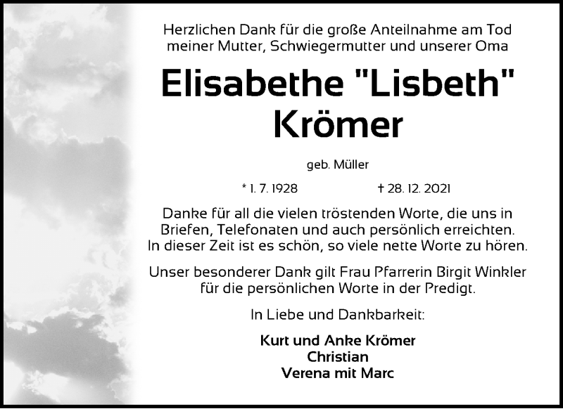  Traueranzeige für Elisabethe Krömer vom 10.01.2022 aus Gesamtausgabe Nürnberger Nachrichten/ Nürnberger Ztg.