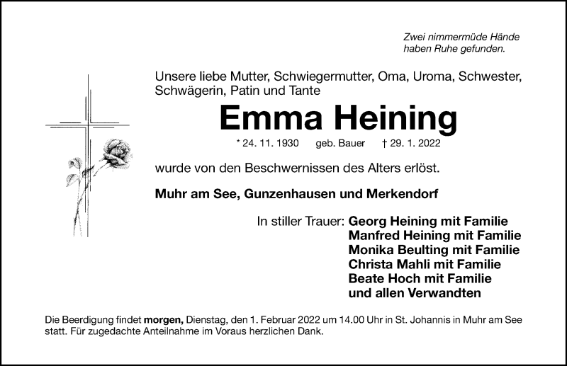  Traueranzeige für Emma Heining vom 31.01.2022 aus Altmühl-Bote Lokal