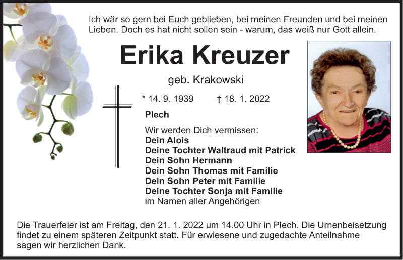  Traueranzeige für Erika Kreuzer vom 20.01.2022 aus Nordbayerische Nachrichten Pegnitz Lokal