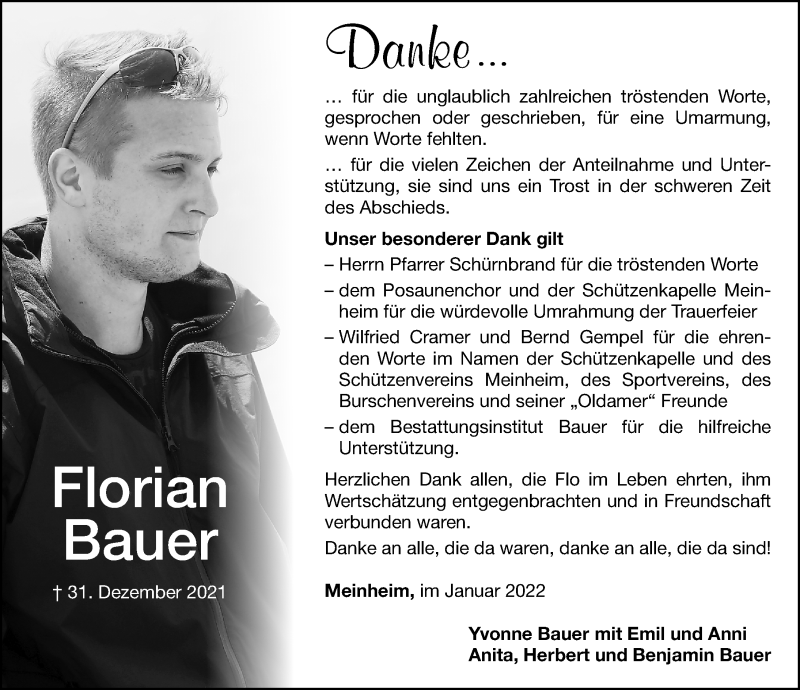  Traueranzeige für Florian Bauer vom 22.01.2022 aus Altmühl-Bote Lokal