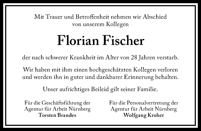  Traueranzeige für Florian Fischer vom 08.01.2022 aus Fürther Nachrichten Lokal