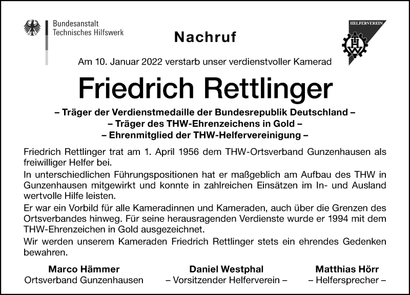  Traueranzeige für Friedrich Rettlinger vom 12.01.2022 aus Altmühl-Bote Lokal
