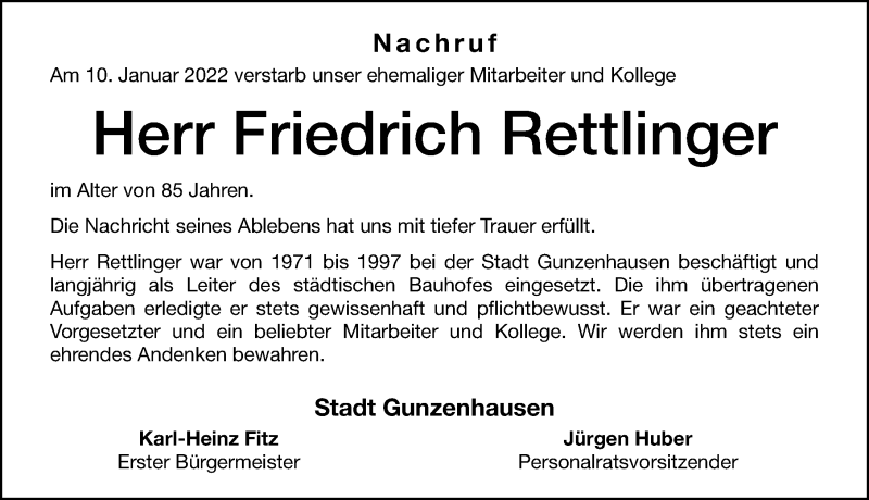  Traueranzeige für Friedrich Rettlinger vom 13.01.2022 aus Altmühl-Bote Lokal