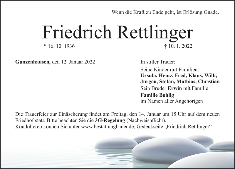  Traueranzeige für Friedrich Rettlinger vom 12.01.2022 aus Altmühl-Bote Lokal