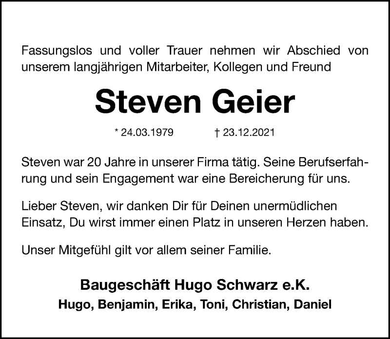  Traueranzeige für Steven Geier vom 08.01.2022 aus Fürther Nachrichten Lokal