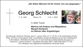 Traueranzeige von Georg Schlecht von Gesamtausgabe Nürnberger Nachrichten/ Nürnberger Ztg.