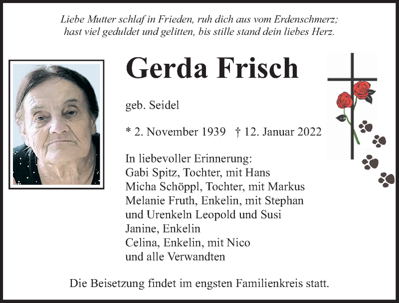  Traueranzeige für Gerda Frisch vom 15.01.2022 aus Neumarkter Nachrichten Lokal
