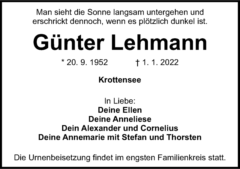  Traueranzeige für Günter Lehmann vom 08.01.2022 aus Gesamtausgabe Nürnberger Nachrichten/ Nürnberger Ztg.
