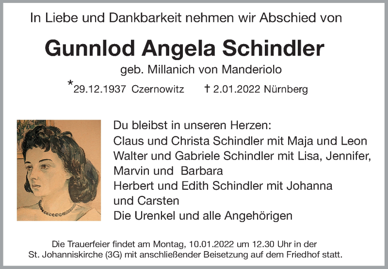  Traueranzeige für Gunnlod Angela Schindler vom 08.01.2022 aus Gesamtausgabe Nürnberger Nachrichten/ Nürnberger Ztg.