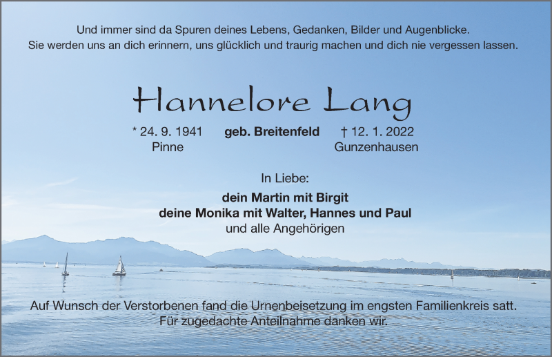  Traueranzeige für Hannelore Lang vom 29.01.2022 aus Altmühl-Bote Lokal