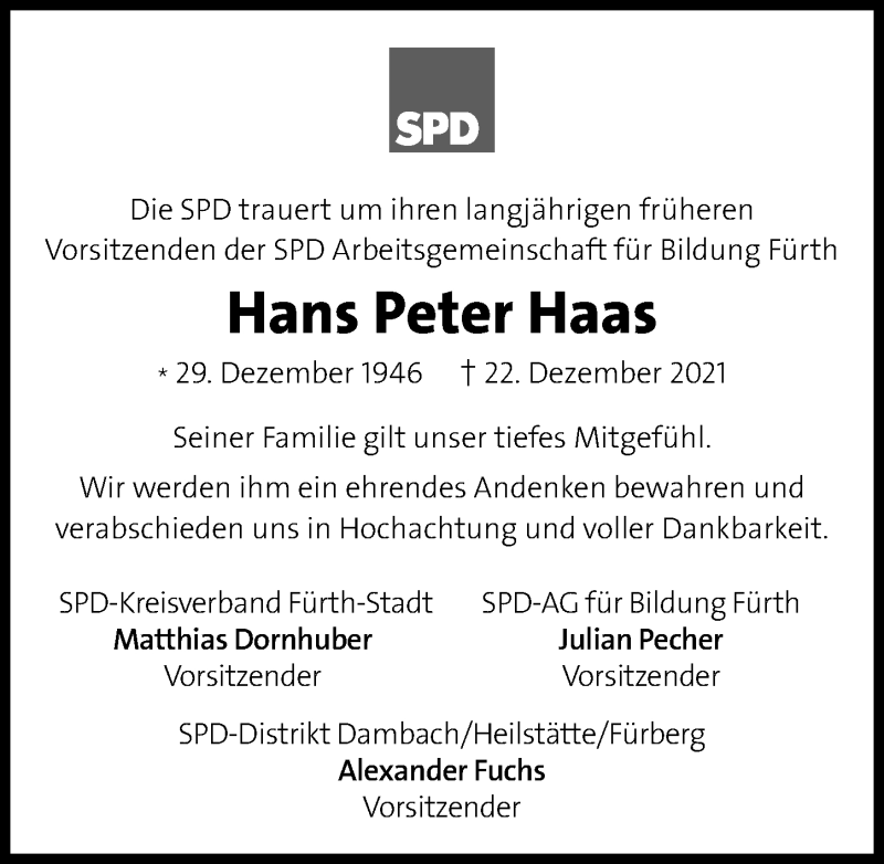  Traueranzeige für Hans Peter Haas vom 08.01.2022 aus Fürther Nachrichten Lokal