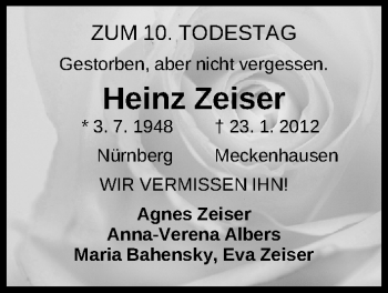 Traueranzeige von Heinz Zeiser von Gesamtausgabe Nürnberger Nachrichten/ Nürnberger Ztg.