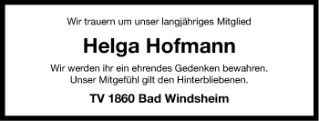 Traueranzeige von Helga Hofmann von Windsheimer Zeitung Lokal