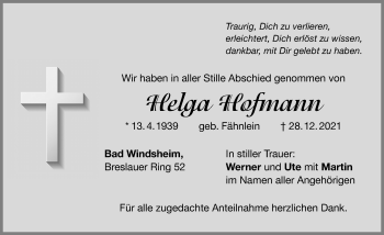 Traueranzeige von Helga Hofmann von Windsheimer Zeitung Lokal