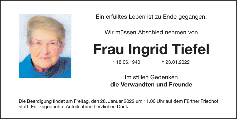  Traueranzeige für Ingrid Tiefel vom 26.01.2022 aus Fürther Nachrichten Lokal