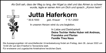 Traueranzeige von Jutta Haferkorn von Erlanger Nachrichten Lokal