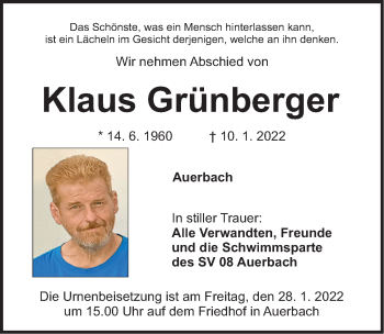 Traueranzeige von Klaus Grünberger von Nordbayerische Nachrichten Pegnitz Lokal