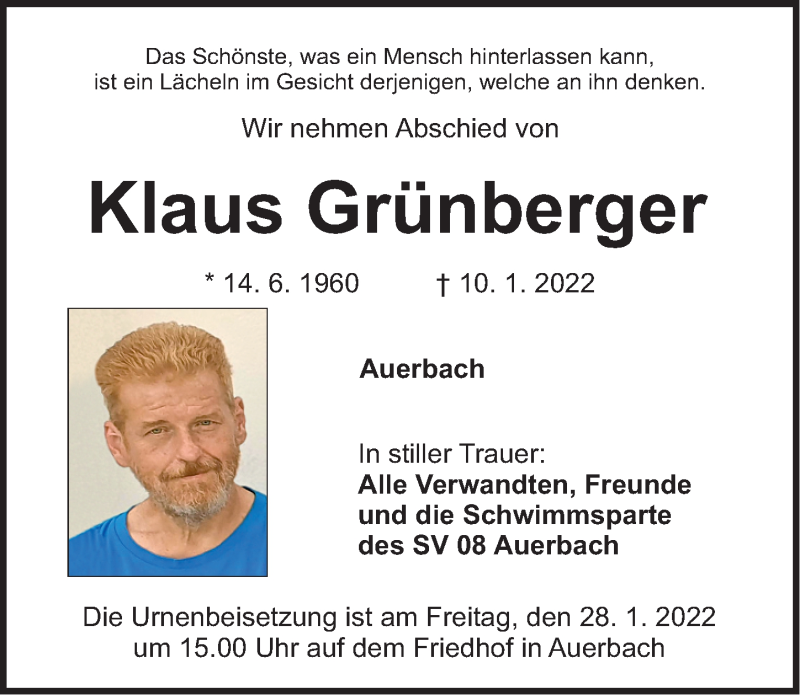  Traueranzeige für Klaus Grünberger vom 22.01.2022 aus Nordbayerische Nachrichten Pegnitz Lokal