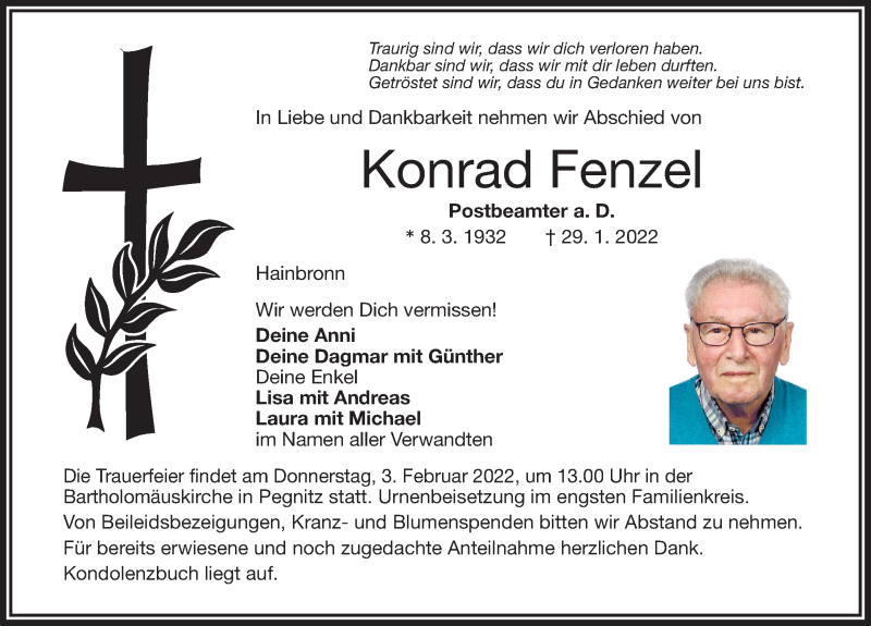  Traueranzeige für Konrad Fenzel vom 01.02.2022 aus Nordbayerische Nachrichten Pegnitz Lokal