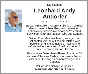 Traueranzeige von Leonhard Andy Andörfer von Gesamtausgabe Nürnberger Nachrichten/ Nürnberger Ztg.