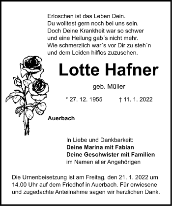 Traueranzeige von Lotte Hafner von Nordbayerische Nachrichten Pegnitz Lokal