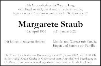 Traueranzeige von Margarete Staub von Gesamtausgabe Nürnberger Nachrichten/ Nürnberger Ztg.