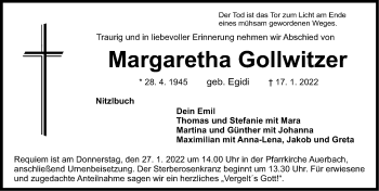 Traueranzeige von Margaretha Gollwitzer von Nordbayerische Nachrichten Pegnitz Lokal