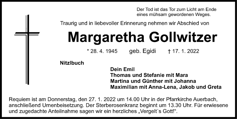  Traueranzeige für Margaretha Gollwitzer vom 21.01.2022 aus Nordbayerische Nachrichten Pegnitz Lokal