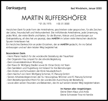 Traueranzeige von Martin Ruffershöfer von Windsheimer Zeitung Lokal