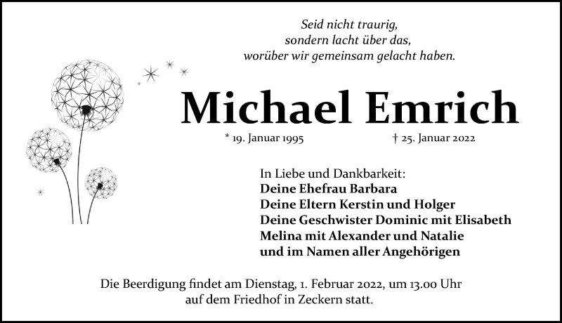  Traueranzeige für Michael Emrich vom 29.01.2022 aus Nordbayerische Nachrichten Forchheim Lokal