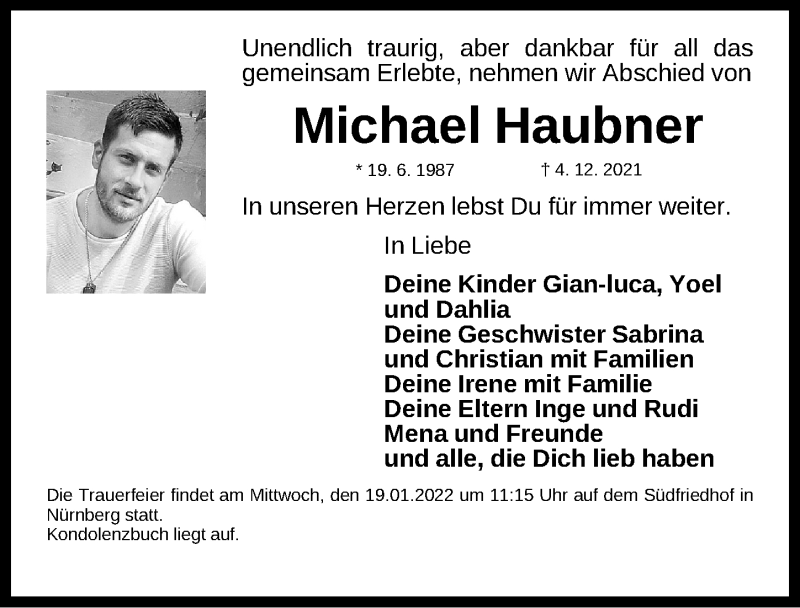  Traueranzeige für Michael Haubner vom 15.01.2022 aus Gesamtausgabe Nürnberger Nachrichten/ Nürnberger Ztg.