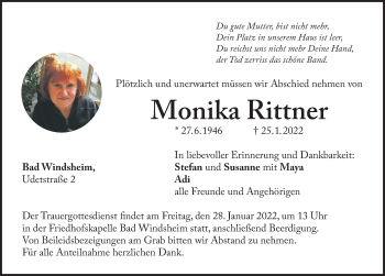 Traueranzeige von Monika Rittner von Windsheimer Zeitung Lokal