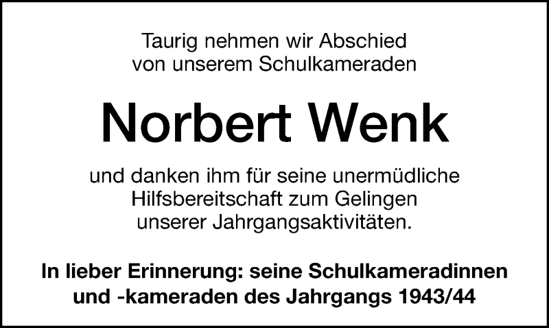  Traueranzeige für Norbert Wenk vom 12.01.2022 aus Altmühl-Bote Lokal