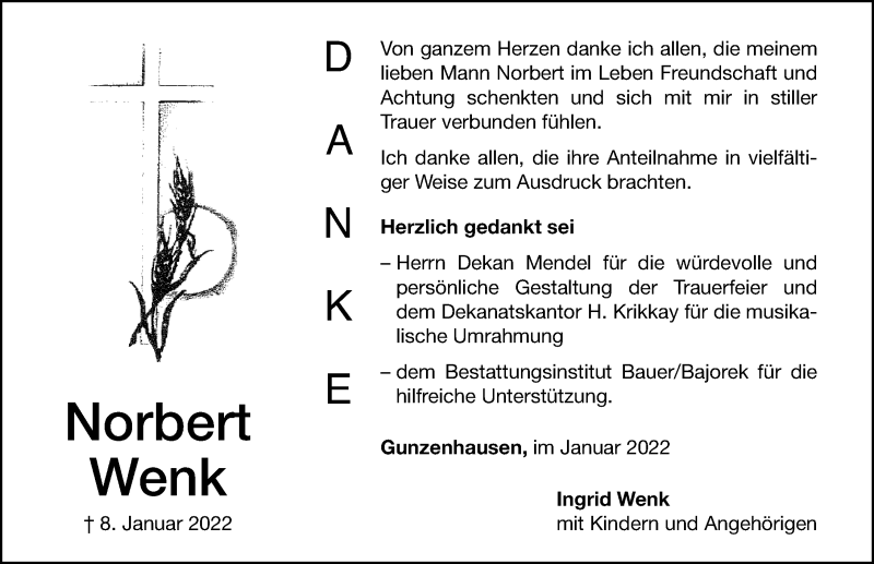  Traueranzeige für Norbert Wenk vom 29.01.2022 aus Altmühl-Bote Lokal