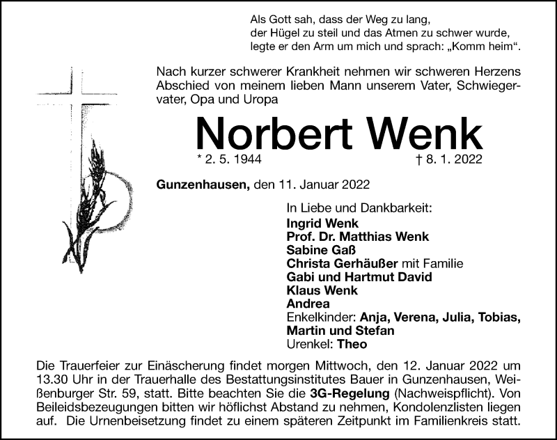 Traueranzeige für Norbert Wenk vom 11.01.2022 aus Altmühl-Bote Lokal