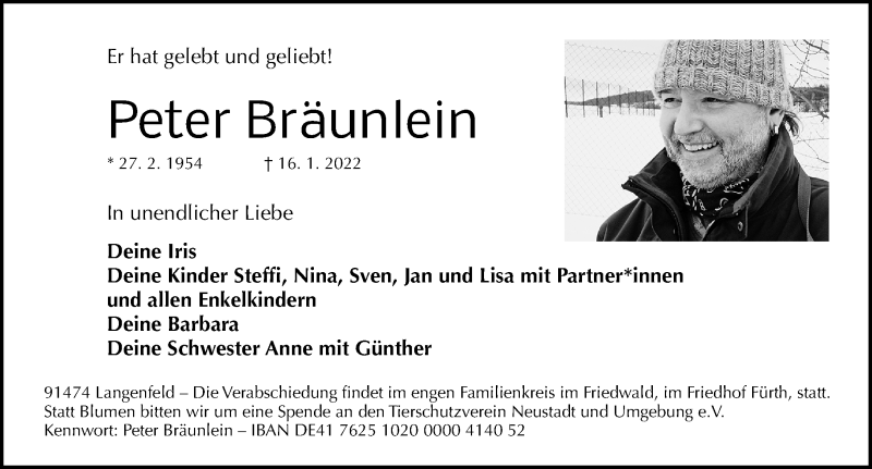  Traueranzeige für Peter Bräunlein vom 22.01.2022 aus Gesamtausgabe Nürnberger Nachrichten/ Nürnberger Ztg.