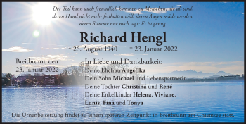 Traueranzeige von Richard Hengl von Gesamtausgabe Nürnberger Nachrichten/ Nürnberger Ztg.