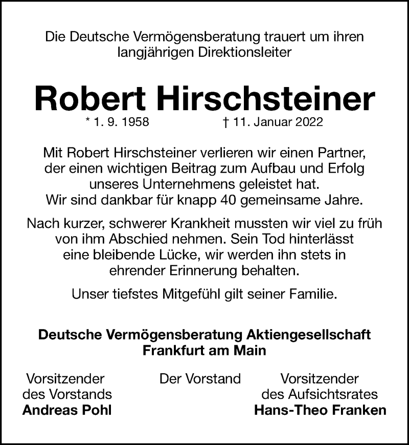  Traueranzeige für Robert Hirschsteiner vom 19.01.2022 aus Gesamtausgabe Nürnberger Nachrichten/ Nürnberger Ztg.