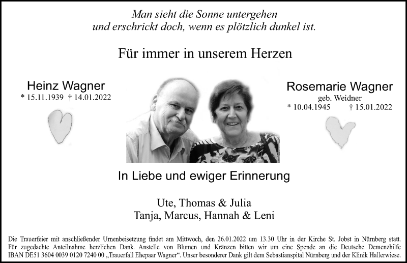  Traueranzeige für Rosemarie Wagner vom 22.01.2022 aus Gesamtausgabe Nürnberger Nachrichten/ Nürnberger Ztg.