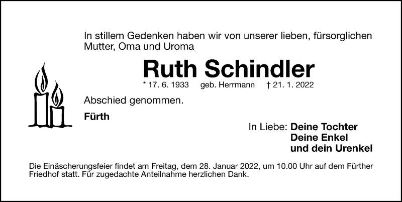  Traueranzeige für Ruth Schindler vom 27.01.2022 aus Fürther Nachrichten Lokal