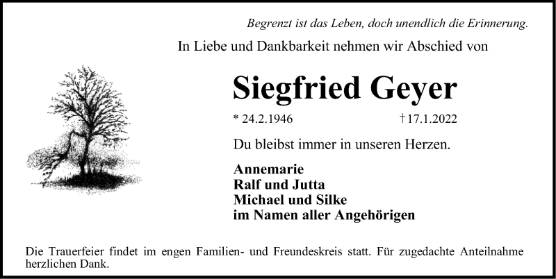  Traueranzeige für Siegfried Geyer vom 20.01.2022 aus Erlanger Nachrichten Lokal