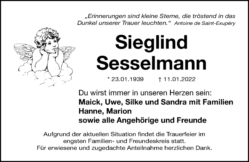  Traueranzeige für Sieglind Sesselmann vom 15.01.2022 aus Gesamtausgabe Nürnberger Nachrichten/ Nürnberger Ztg.