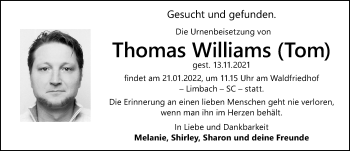 Traueranzeige von Thomas Williams von Schwabacher Tagblatt Lokal